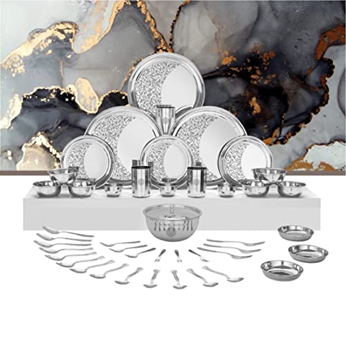 Shri & Sam Designer Stainless Steel SolidShagun Laser Bloom Dinner Set, 45 Pieces - Image 5