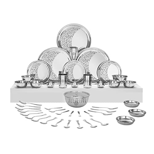 Shri & Sam Designer Stainless Steel SolidShagun Laser Bloom Dinner Set, 45 Pieces - Image 1