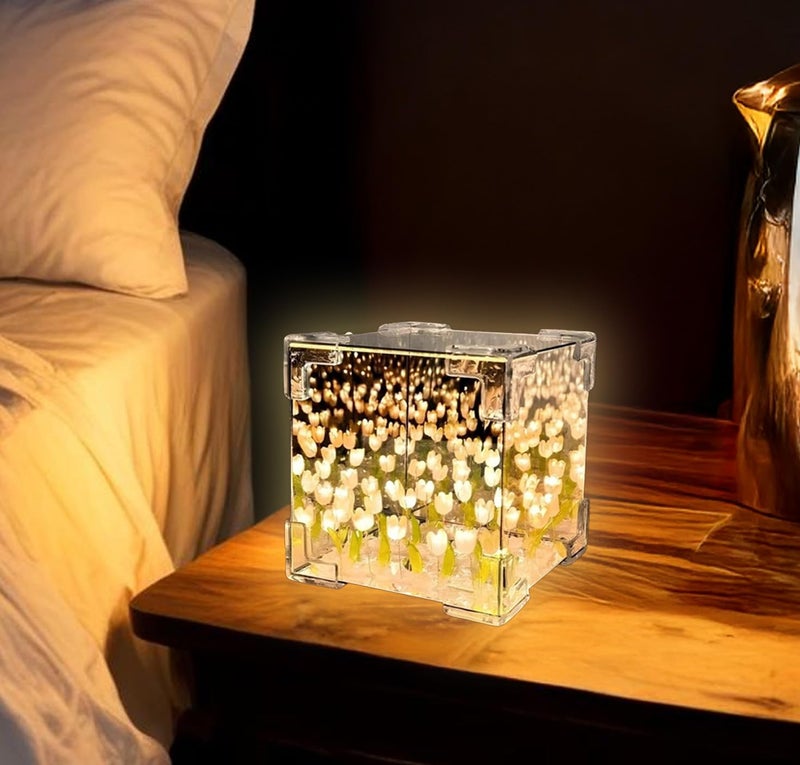 BTfash Mirror Cube Tulip Lamp | DIY Flowers Led Decorative Lamp | Table Ornaments for Bedroom | Gifts for Woman | Valentine Gift (Cube Tulip) - Image 2