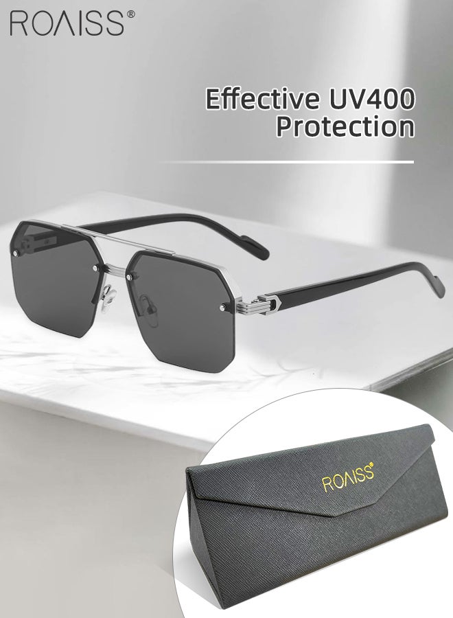 roaiss Square Semi-Rimless Sunglasses for Men Women, UV400 Protection Trendy Anti-Glare Classic Sun Shades with Glasses Case for Shopping Party Travel 60mm, with Grey Lens - Image 1