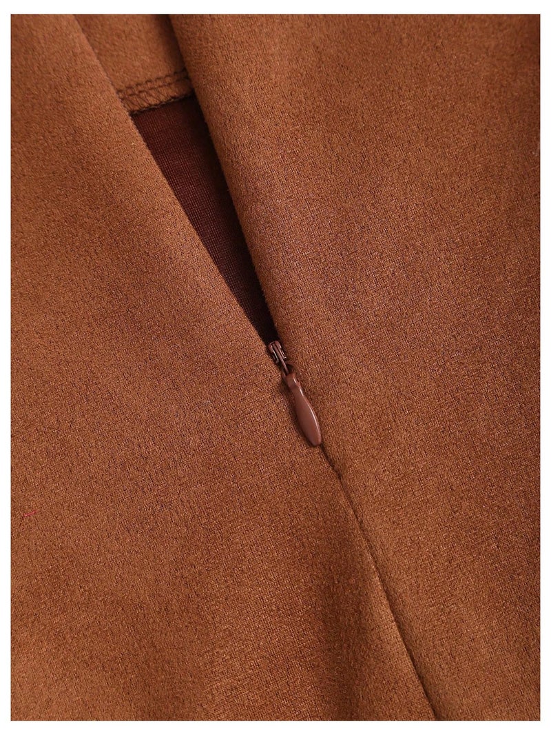 MakeMeChic Women's Suede Skirt Ruched Zip Back Bodycon Vintage Wrap Y2K Short Skirts Brown Medium - Image 4
