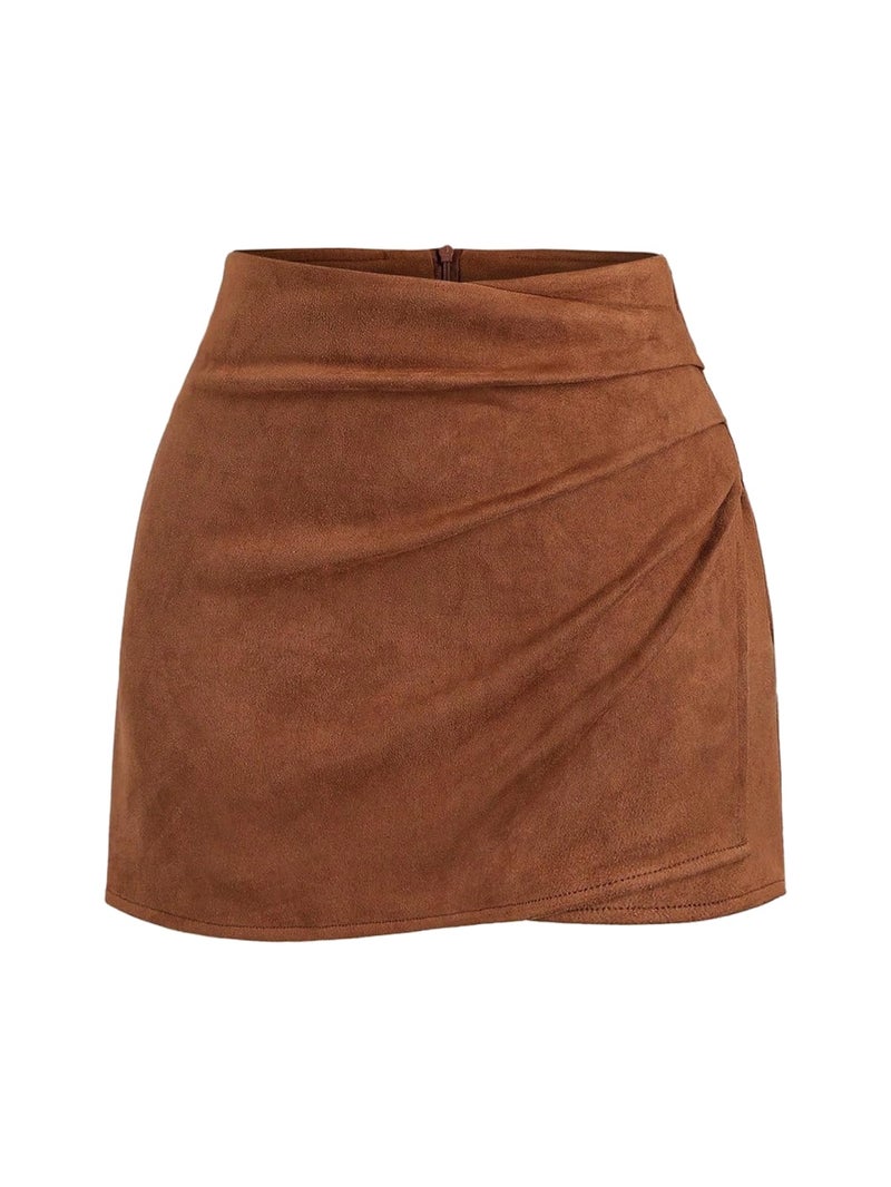 MakeMeChic Women's Suede Skirt Ruched Zip Back Bodycon Vintage Wrap Y2K Short Skirts Brown Medium - Image 1