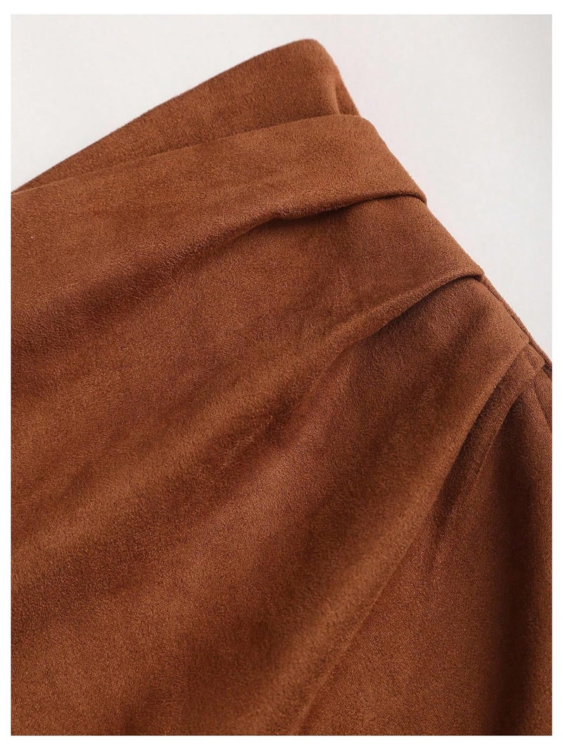 MakeMeChic Women's Suede Skirt Ruched Zip Back Bodycon Vintage Wrap Y2K Short Skirts Brown Medium - Image 3