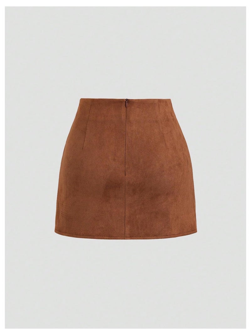 MakeMeChic Women's Suede Skirt Ruched Zip Back Bodycon Vintage Wrap Y2K Short Skirts Brown Medium - Image 2