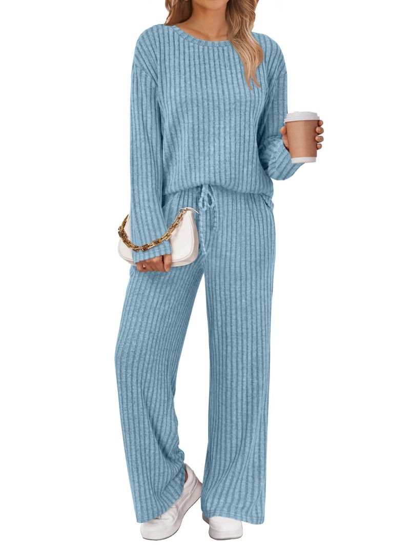 LILLUSORY Womens Lounge Sets 2 Piece Matching Pajamas Fall Fashion 2026 Ribbed Knit Outfits Long Sleeve Casual Sweatsuits Trendy Plus Size Sweaters Cute Sleep Wears Travel Soft Clothes Blue XL - Image 1