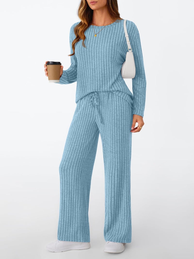 LILLUSORY Womens Lounge Sets 2 Piece Matching Pajamas Fall Fashion 2026 Ribbed Knit Outfits Long Sleeve Casual Sweatsuits Trendy Plus Size Sweaters Cute Sleep Wears Travel Soft Clothes Blue XL - Image 3