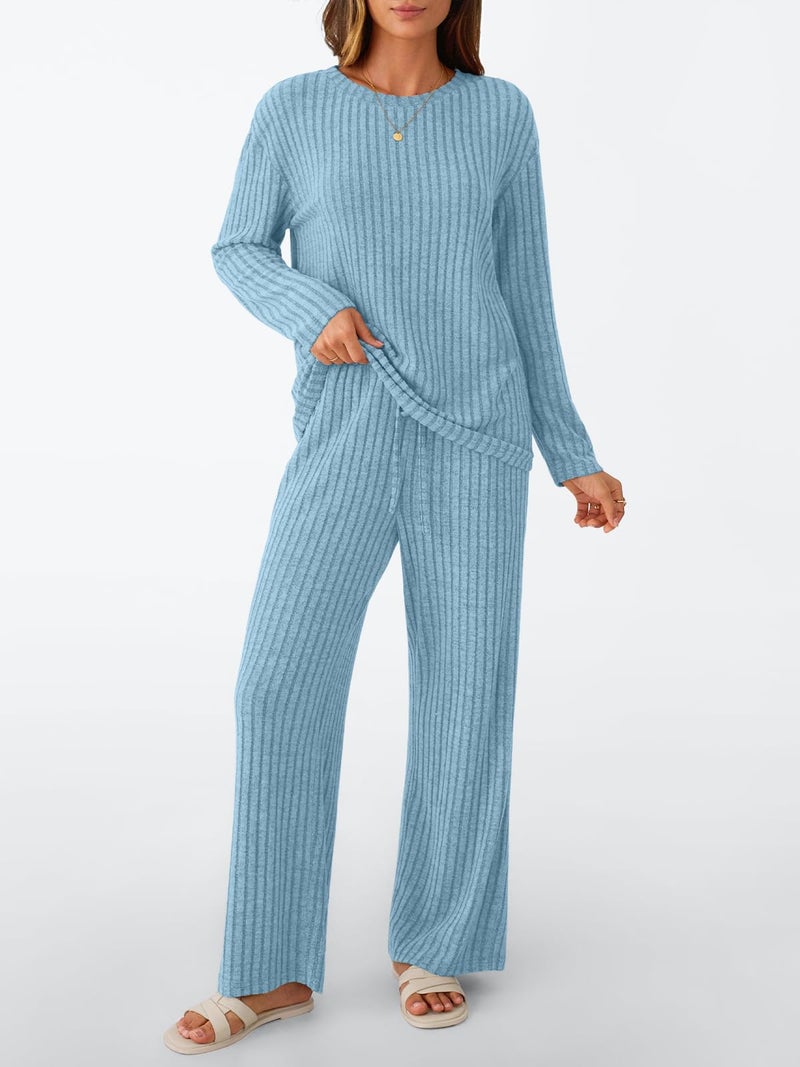 LILLUSORY Womens Lounge Sets 2 Piece Matching Pajamas Fall Fashion 2026 Ribbed Knit Outfits Long Sleeve Casual Sweatsuits Trendy Plus Size Sweaters Cute Sleep Wears Travel Soft Clothes Blue XL - Image 2