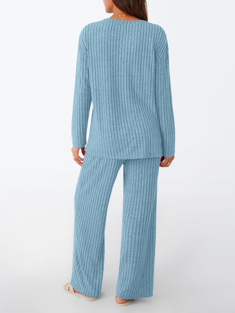 LILLUSORY Womens Lounge Sets 2 Piece Matching Pajamas Fall Fashion 2026 Ribbed Knit Outfits Long Sleeve Casual Sweatsuits Trendy Plus Size Sweaters Cute Sleep Wears Travel Soft Clothes Blue XL - Image 4
