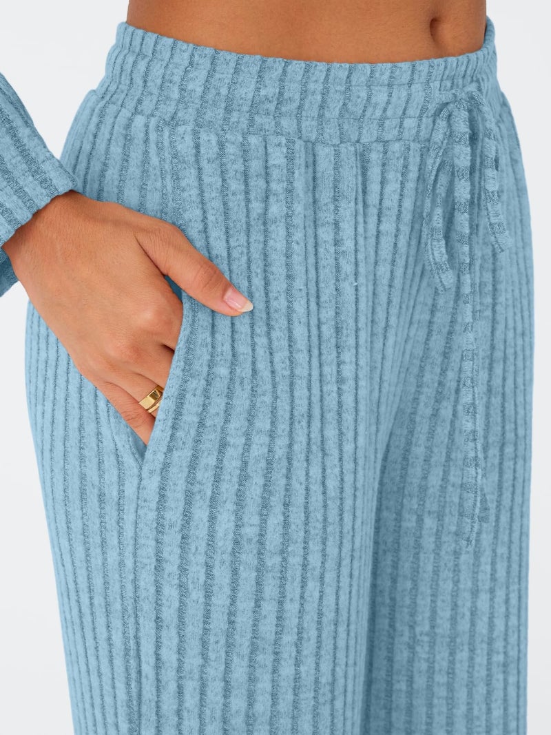 LILLUSORY Womens Lounge Sets 2 Piece Matching Pajamas Fall Fashion 2026 Ribbed Knit Outfits Long Sleeve Casual Sweatsuits Trendy Plus Size Sweaters Cute Sleep Wears Travel Soft Clothes Blue XL - Image 5
