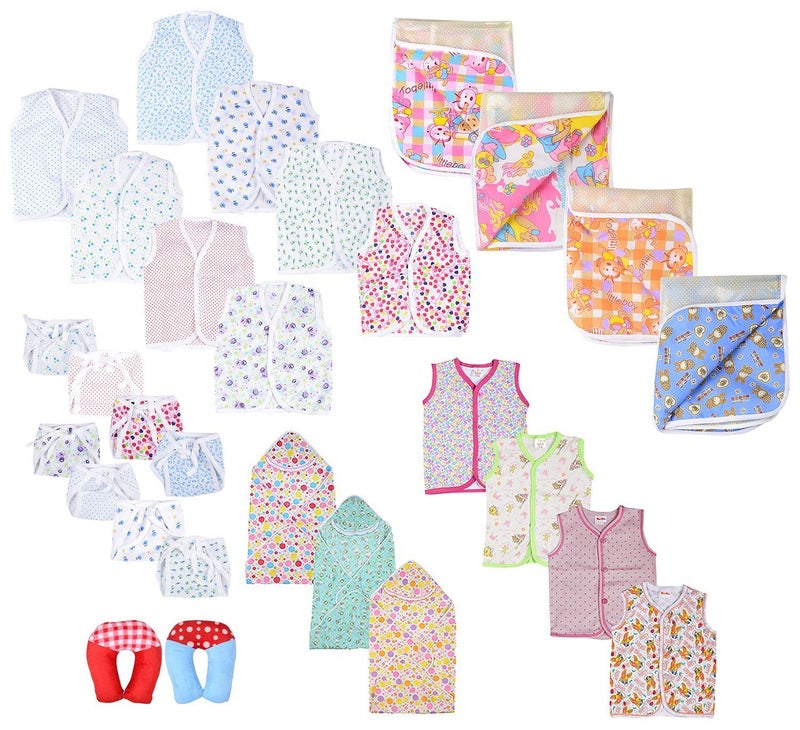FARETO Firststep Baby Combo of 5 Very Much usable Item in Daily Life,Baby jhabla Pack of 8pcs with 8nappies,4 Plastic Sheet,3 Cotton Blankets,4 Baby Hosiery Vest,2 Baby U-Shape Pillow (0-6months)(Assorted) - Image 1