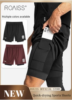 roaiss Men Functional Sports Fitness Pants Double Layer Skin Friendly Fabric Breathable Wear Resistant Quick Drying Material Training Pants Lined with Pockets  - Image 2