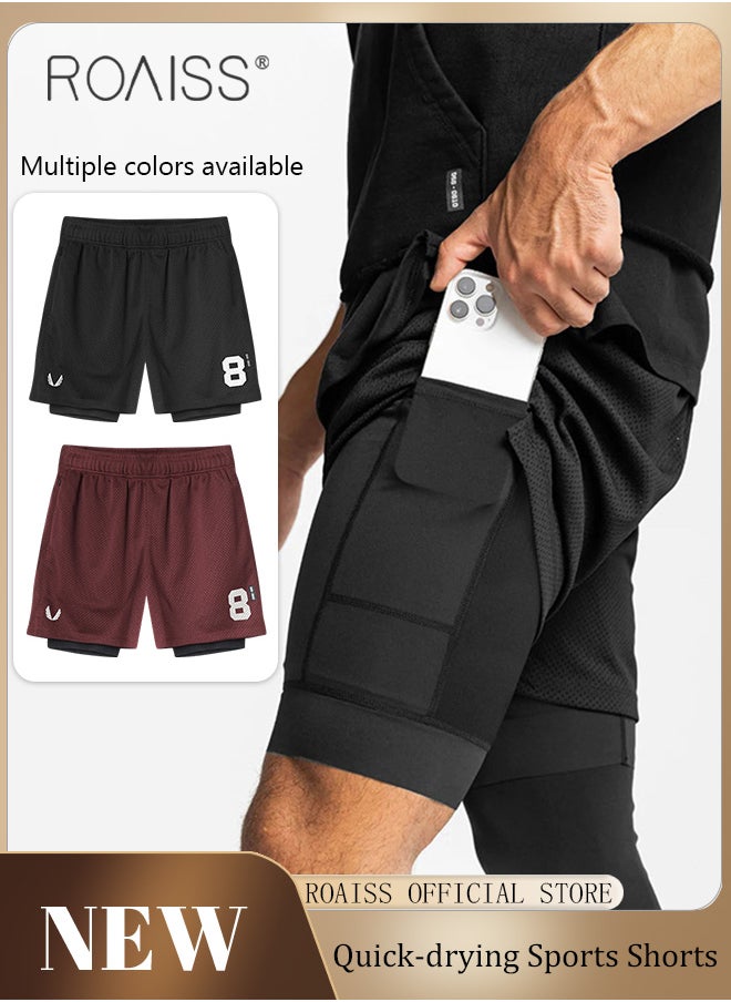 roaiss Men Functional Sports Fitness Pants Double Layer Skin Friendly Fabric Breathable Wear Resistant Quick Drying Material Training Pants Lined with Pockets  - Image 2