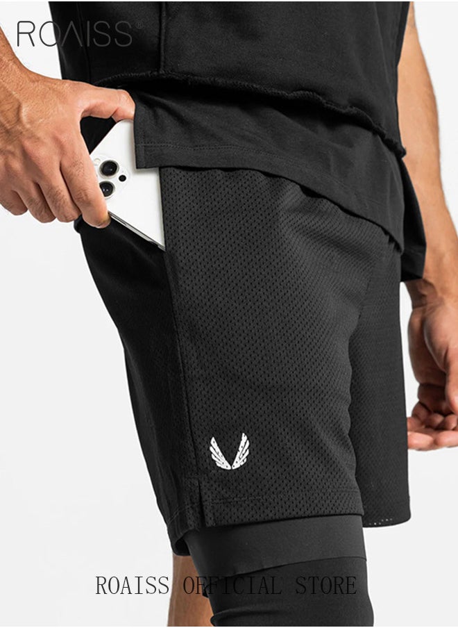roaiss Men Functional Sports Fitness Pants Double Layer Skin Friendly Fabric Breathable Wear Resistant Quick Drying Material Training Pants Lined with Pockets  - Image 1