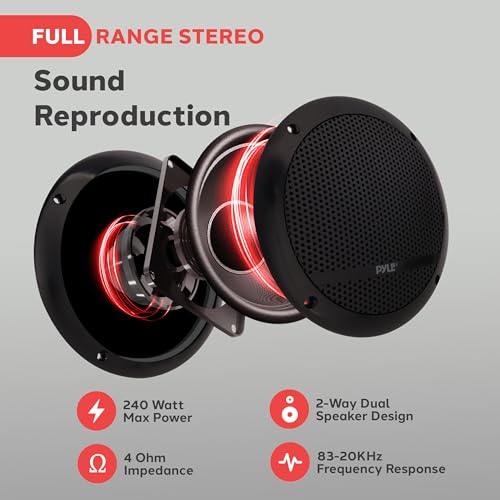 Pyle 240 Watts Bluetooth Marine Grade 6.5" 2-Way Speaker System, Amplified Full Range Stereo Sound, Flush Mount Dual Cone Dome Waterproof Universal Use, With Aux 3.5mm Input pair - Image 5