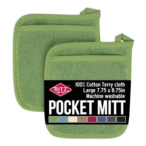RITZ Terry Pocket Mitt  Hot Pad Heat Resistant Durable 100 Cotton  Ergonomically Designed for Optimal Grip EasyCare Machine Washable Perfect for Your Kitchen  Cactus Green 2Pack