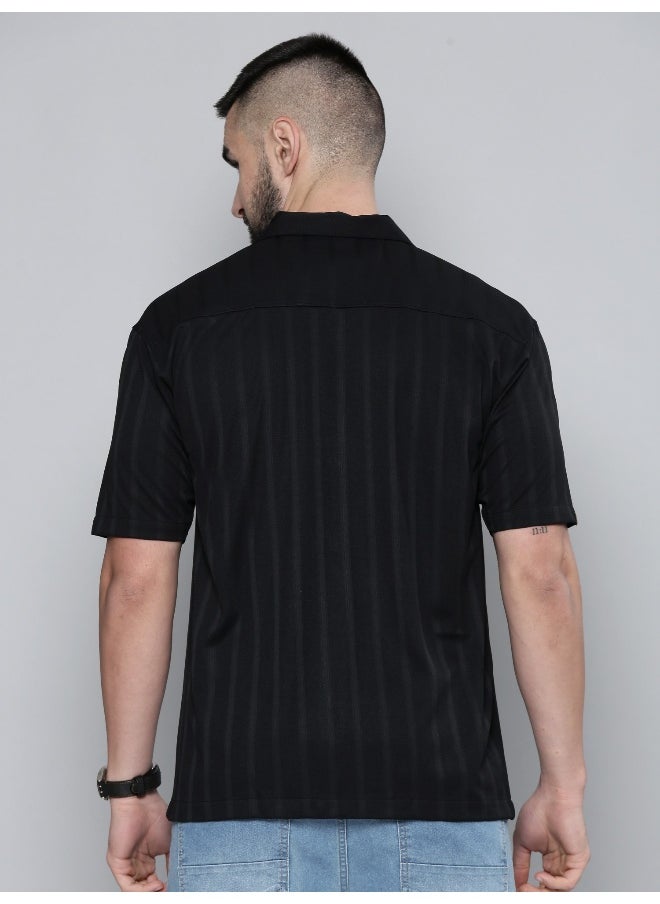 Maniac Mens Plain Solid Collared Neck 3/4th Sleeve Black Cotton Shirt  - Image 4