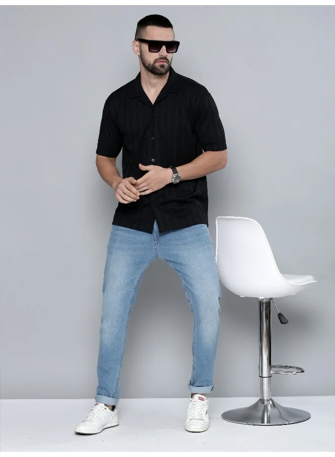 Maniac Mens Plain Solid Collared Neck 3/4th Sleeve Black Cotton Shirt