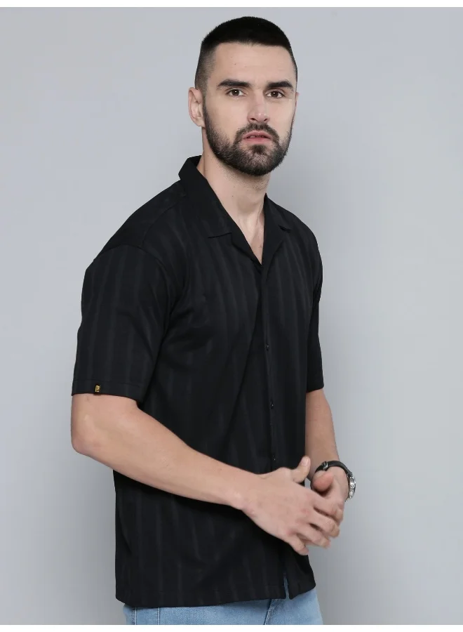 Maniac Mens Plain Solid Collared Neck 3/4th Sleeve Black Cotton Shirt