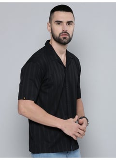 Maniac Mens Plain Solid Collared Neck 3/4th Sleeve Black Cotton Shirt  - Image 3