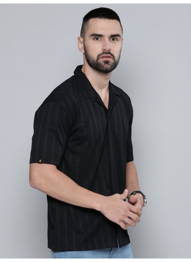 Maniac Mens Plain Solid Collared Neck 3/4th Sleeve Black Cotton Shirt  - Image 3