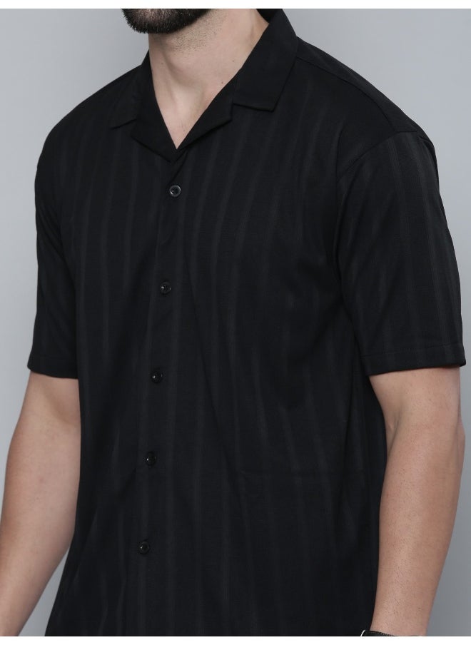Maniac Mens Plain Solid Collared Neck 3/4th Sleeve Black Cotton Shirt  - Image 5
