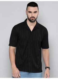 Maniac Mens Plain Solid Collared Neck 3/4th Sleeve Black Cotton Shirt  - Image 2