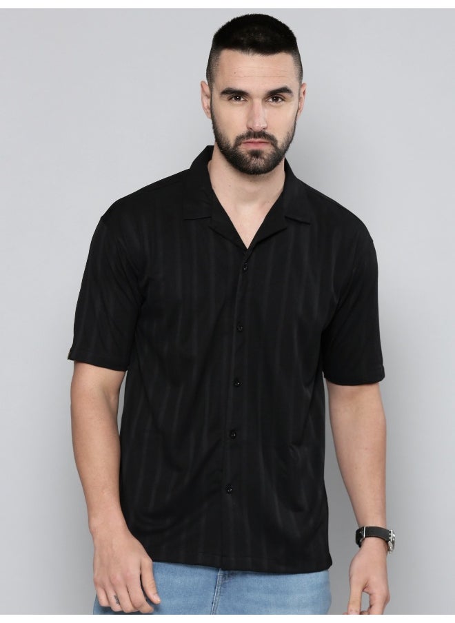 Maniac Mens Plain Solid Collared Neck 3/4th Sleeve Black Cotton Shirt  - Image 2