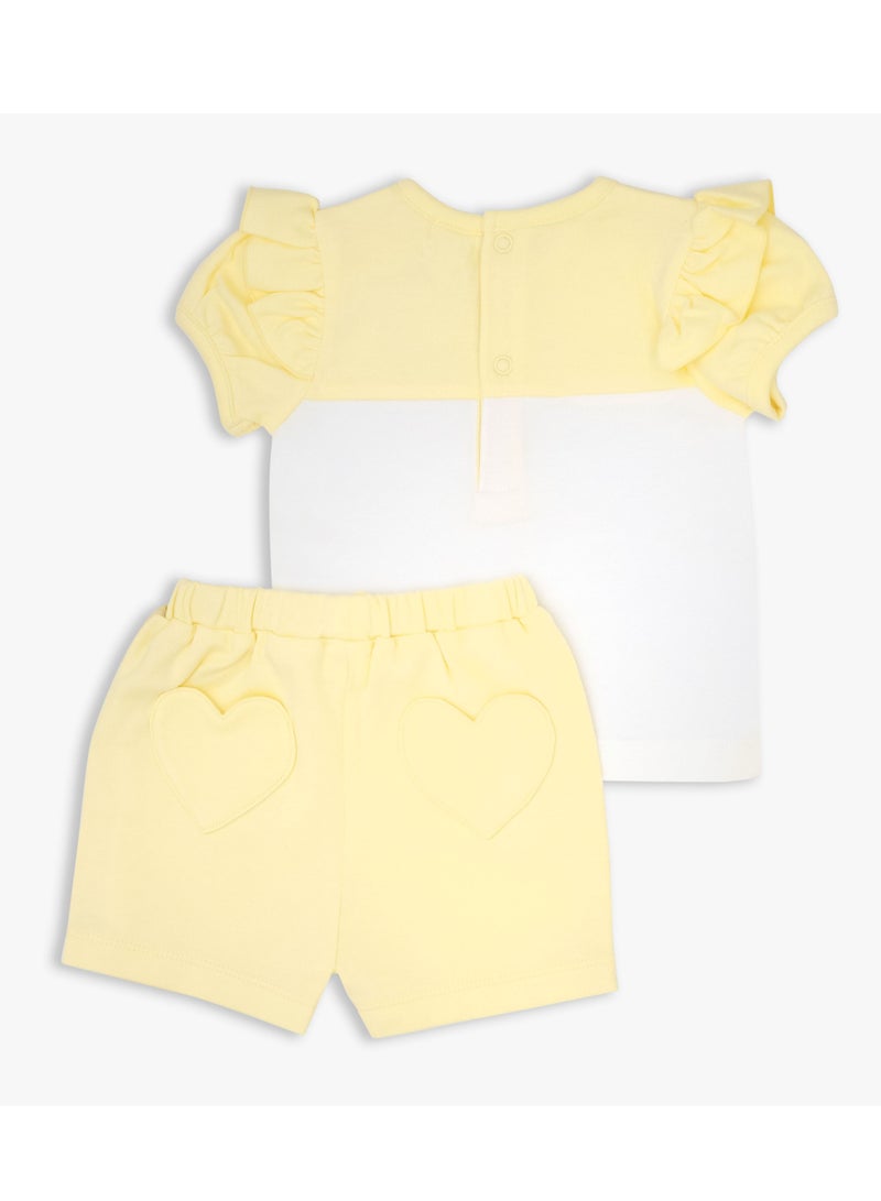 MOON 100% Cotton Short-Sleeved Top & Shorts 3-6M Yellow - Lemon Hearts - Image 2