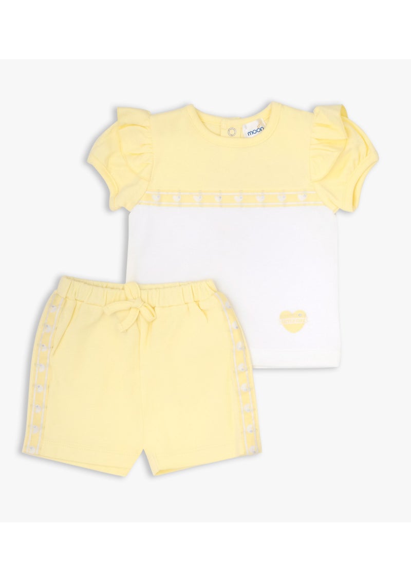 MOON 100% Cotton Short-Sleeved Top & Shorts 3-6M Yellow - Lemon Hearts - Image 1
