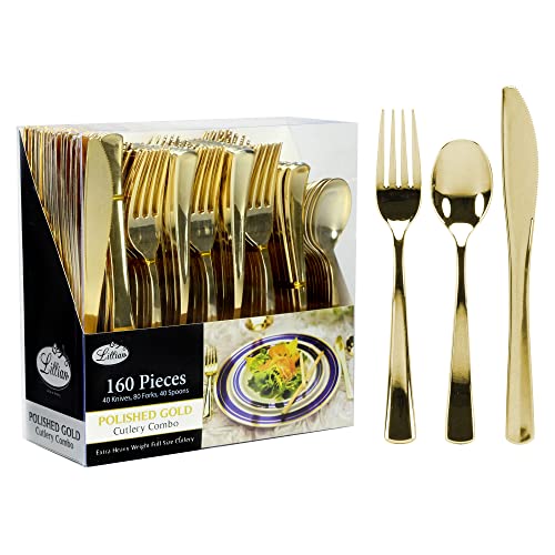 Lillian Tablesettings Gold Plastic Silverware Set 160 Count Extra Heavy Duty Flatware Disposable Cutlery Utensils 80 Forks 40 Spoons 40 Knives Polished Gold Bulk Pack 