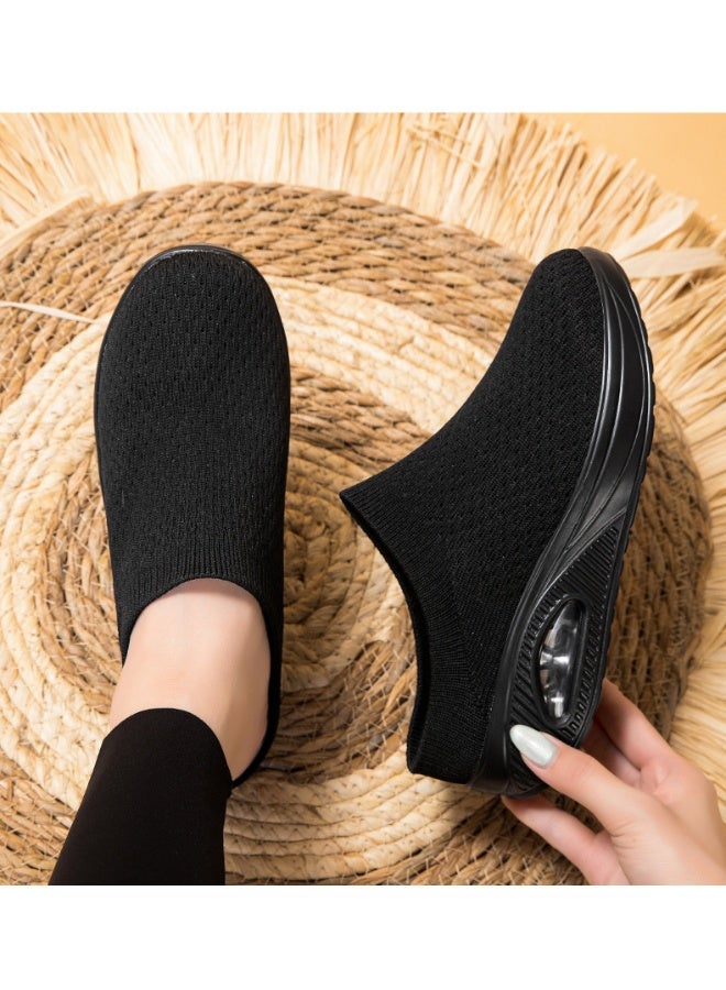 Medical Women's Air Cushioned Heightened Wedge Heel Plus Size Flyknit Casual Sneakers Breathable Lightweight Athletic Shoes (Black) - Image 4