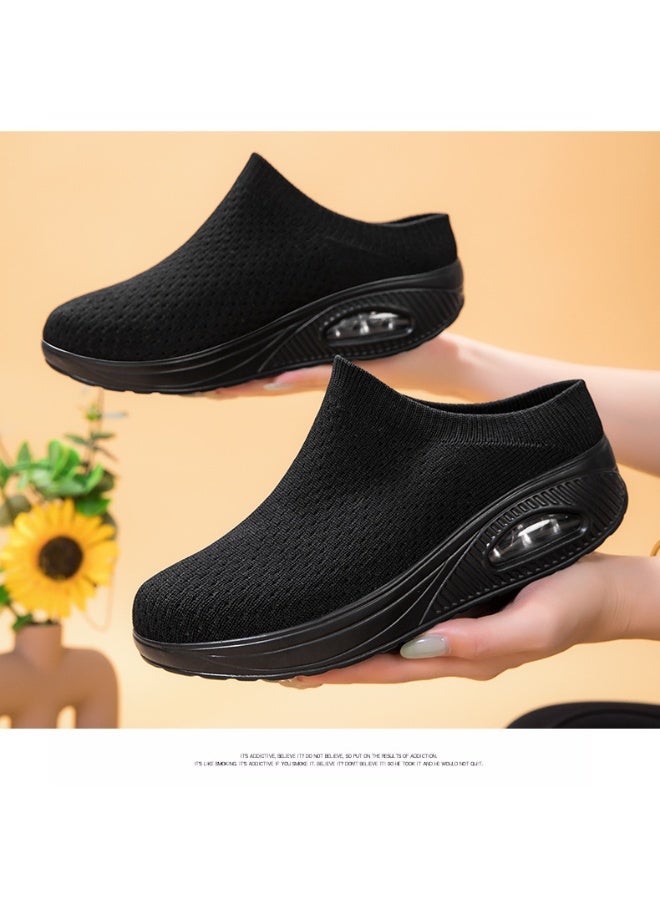 Medical Women's Air Cushioned Heightened Wedge Heel Plus Size Flyknit Casual Sneakers Breathable Lightweight Athletic Shoes (Black) - Image 2