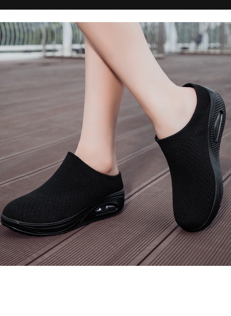 Medical Women's Air Cushioned Heightened Wedge Heel Plus Size Flyknit Casual Sneakers Breathable Lightweight Athletic Shoes (Black) - Image 3