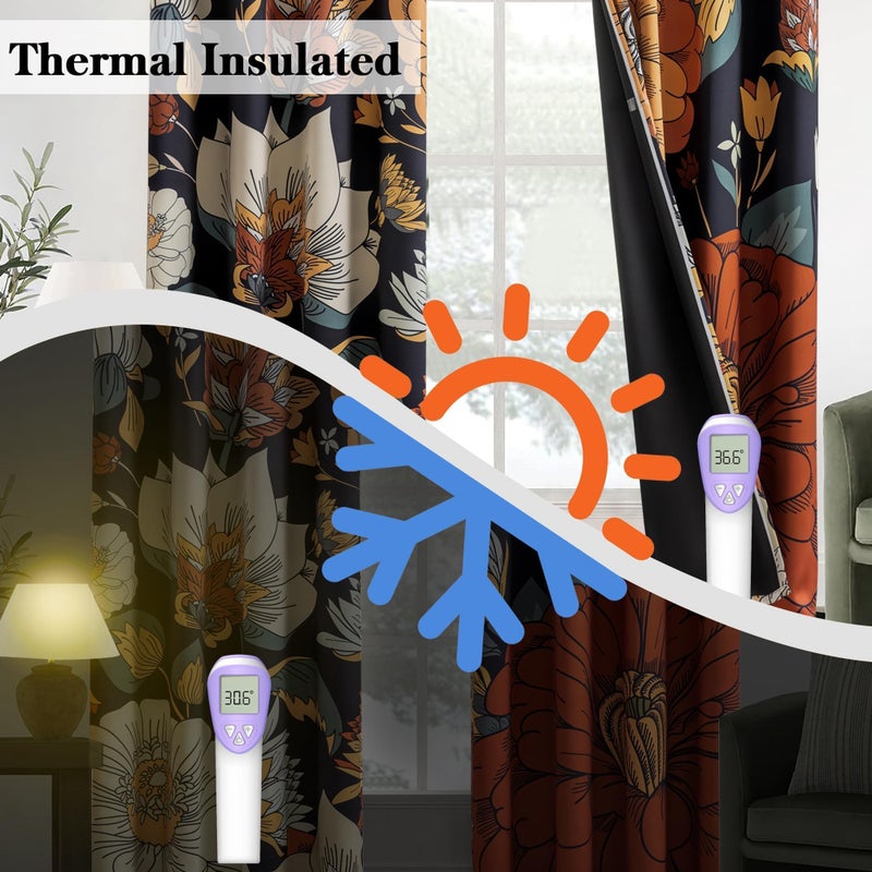 Tyrot Black Boho Floral 100% Blackout Curtains for Bedroom 63 inch Long 2 Panels Mid Century Botanical Black Out Curtains for Living Room Grommet Thermal Insulated Room Darkening Window Drapes,52Wx63L - Image 5