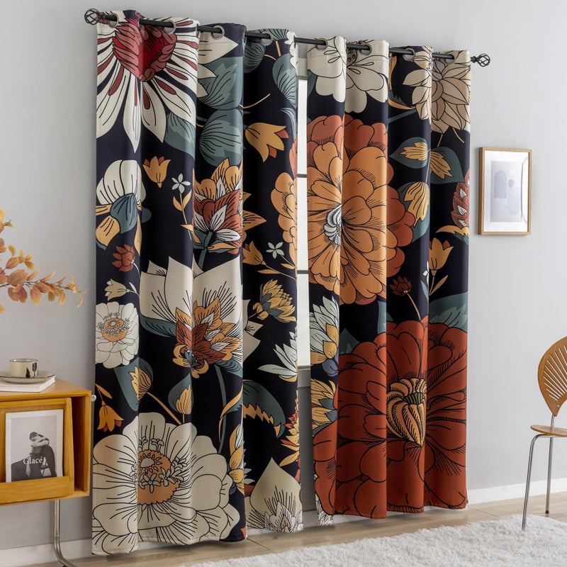 Tyrot Black Boho Floral 100% Blackout Curtains for Bedroom 63 inch Long 2 Panels Mid Century Botanical Black Out Curtains for Living Room Grommet Thermal Insulated Room Darkening Window Drapes,52Wx63L - Image 2