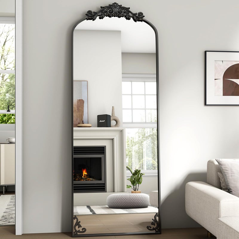 Easly 21"x 64" Arched Full Length Mirror, Freestanding Floor Mirror with Carved Metal Frame & Bottom Art Carved, Black Full Body Mirror for Home Decor - Image 1