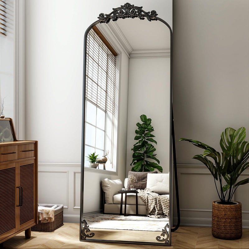 Easly 21"x 64" Arched Full Length Mirror, Freestanding Floor Mirror with Carved Metal Frame & Bottom Art Carved, Black Full Body Mirror for Home Decor - Image 2