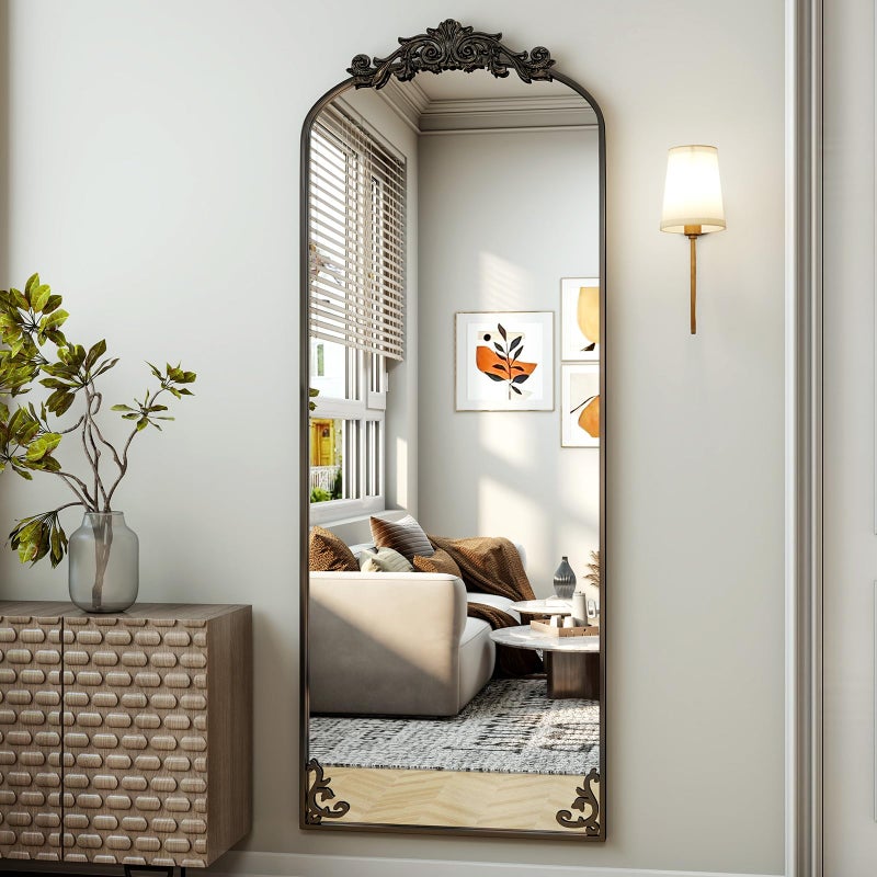 Easly 21"x 64" Arched Full Length Mirror, Freestanding Floor Mirror with Carved Metal Frame & Bottom Art Carved, Black Full Body Mirror for Home Decor - Image 3