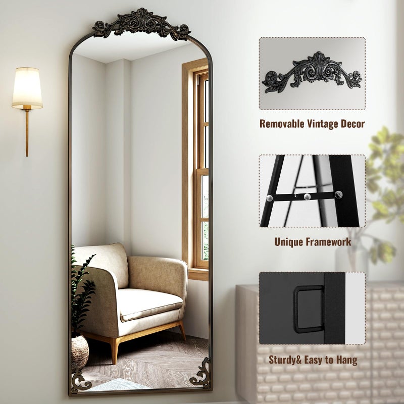 Easly 21"x 64" Arched Full Length Mirror, Freestanding Floor Mirror with Carved Metal Frame & Bottom Art Carved, Black Full Body Mirror for Home Decor - Image 5