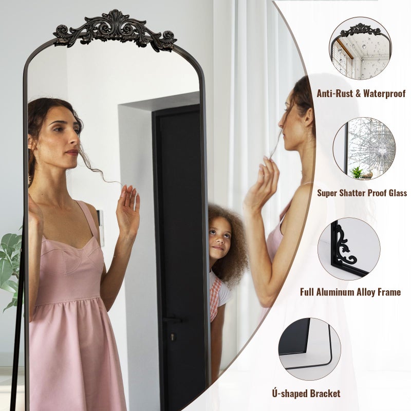 Easly 21"x 64" Arched Full Length Mirror, Freestanding Floor Mirror with Carved Metal Frame & Bottom Art Carved, Black Full Body Mirror for Home Decor - Image 4