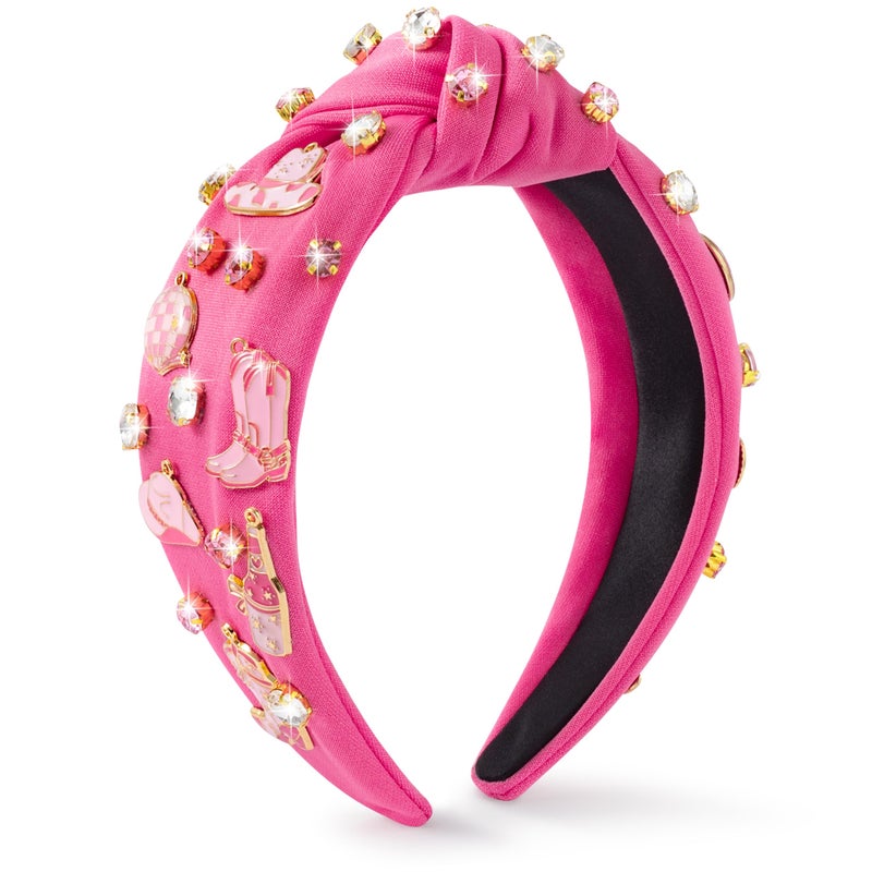 PANTIDE Western Jeweled Knotted Headband - Cowgirl Boots Hat Rhinestone Crystal Embellished Headband Wide Top Knot Fashion Hairband Hair Accessories Birthday Gift for Cowboy Women Girls (Hot Pink) - Image 1