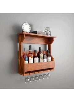 PWOOD PWOOD Wooden Wooden Wall Hanging Design Bar Bar Cabinets for Home Mini Bar for Home Solid Wood Make Wine Storage Cabinet with Glass Hanging Space Natural Honey Finish  - Image 1