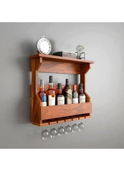 PWOOD PWOOD Wooden Wooden Wall Hanging Design Bar Bar Cabinets for Home Mini Bar for Home Solid Wood Make Wine Storage Cabinet with Glass Hanging Space Natural Honey Finish  - Image 1