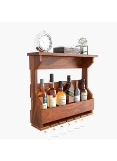 PWOOD PWOOD Wooden Wooden Wall Hanging Design Bar Bar Cabinets for Home Mini Bar for Home Solid Wood Make Wine Storage Cabinet with Glass Hanging Space Natural Honey Finish  - Image 4