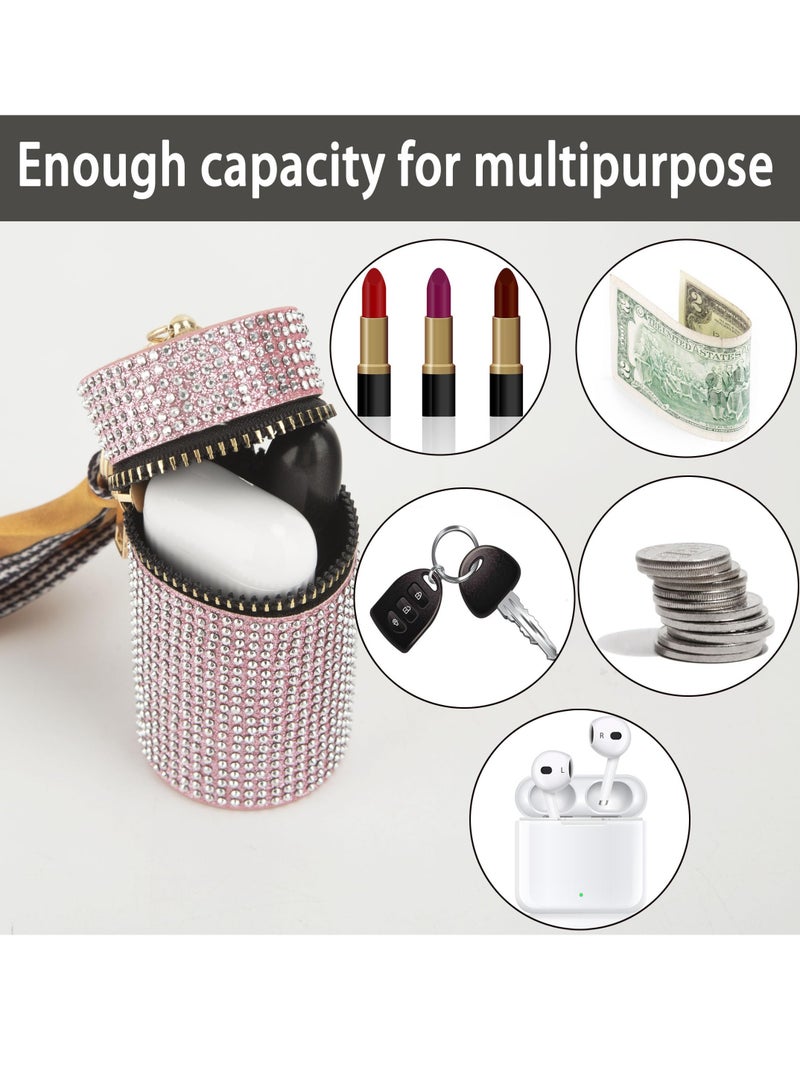 SYOSI 2 PCS Lipstick Keychain Holder Sparkling Rhinestone Lipstick Case with Keychain - Portable Lipstick Sleeve Pouch Lip Balm Holder Leather Lip Gloss Bag for Travel and Daily Use Pink and Green - Image 2