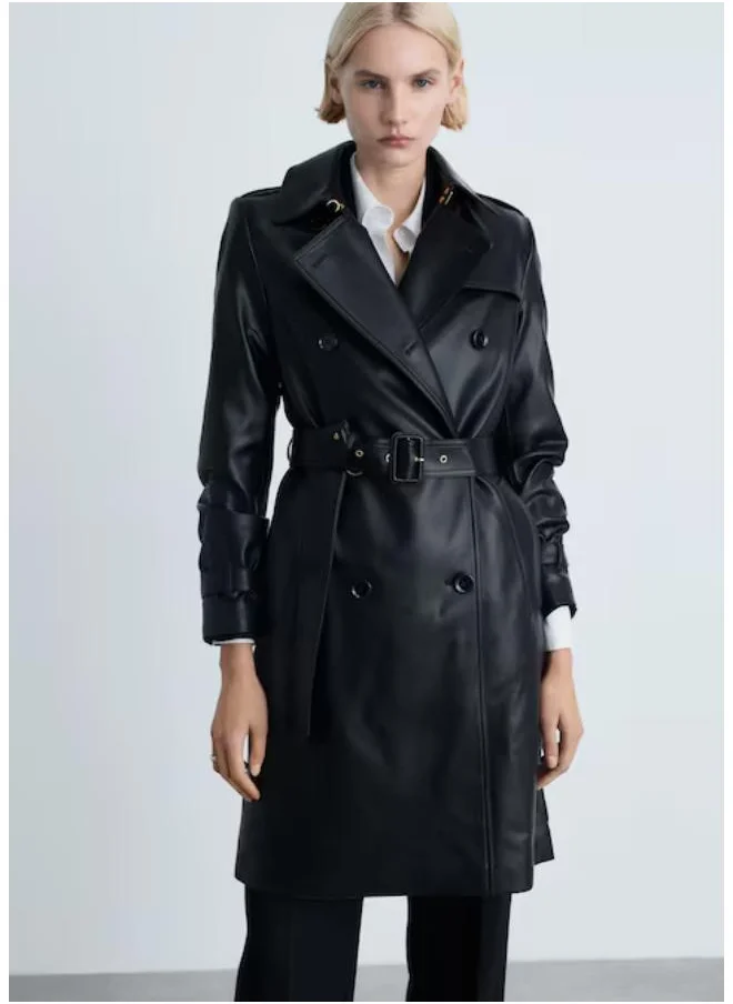 MANGO Leather-Effect Trench Coat