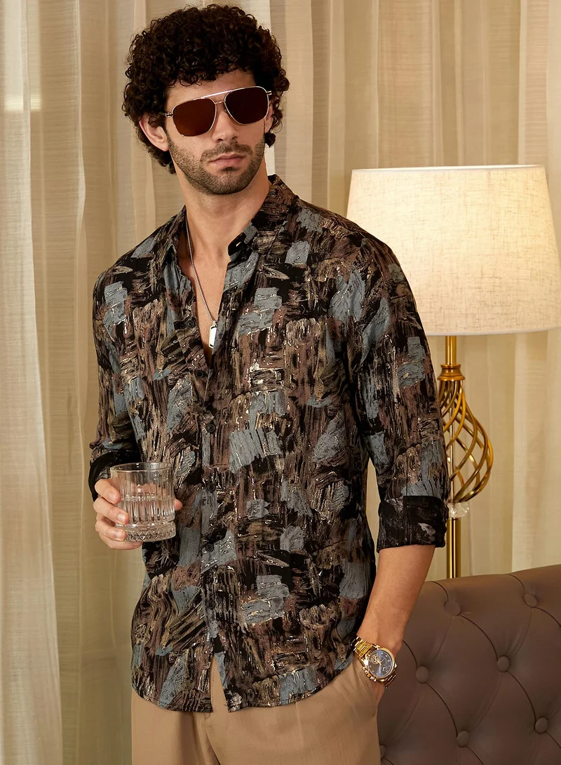 Campus Sutra Men's Obsidian Black Impressionistic Strokes Shirt