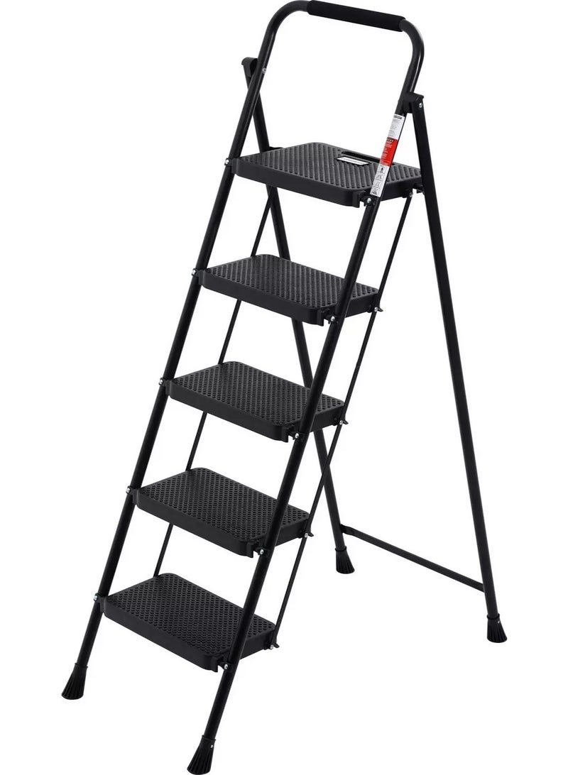 Homez Foldable Metal Eurotower Ladder, 5 Steps, Black - Image 1