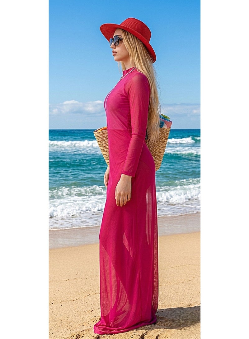 Burkini for girls, 3-piece set: Long-sleeved jumpsuit with turban and scarf in vibrant fuchsia shades, quick-drying. - Image 2