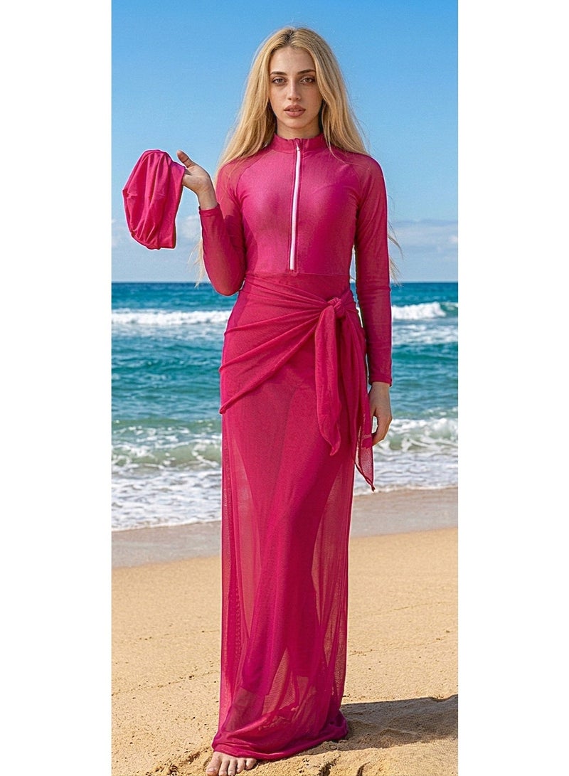 Burkini for girls, 3-piece set: Long-sleeved jumpsuit with turban and scarf in vibrant fuchsia shades, quick-drying. - Image 1